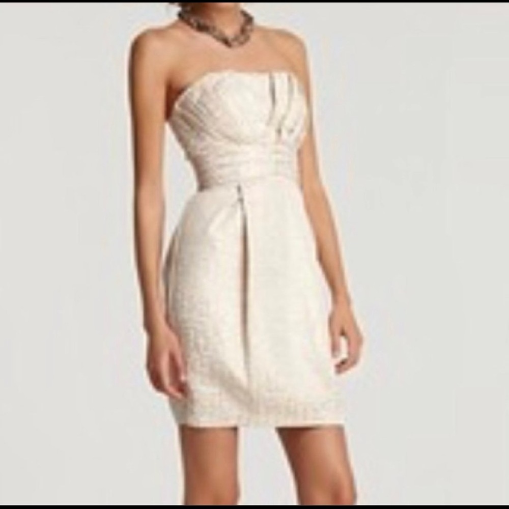 Max and Cleo Joyce Mini Dress Gold Metallic Cream/Champagne Strapless Dress SZ 6